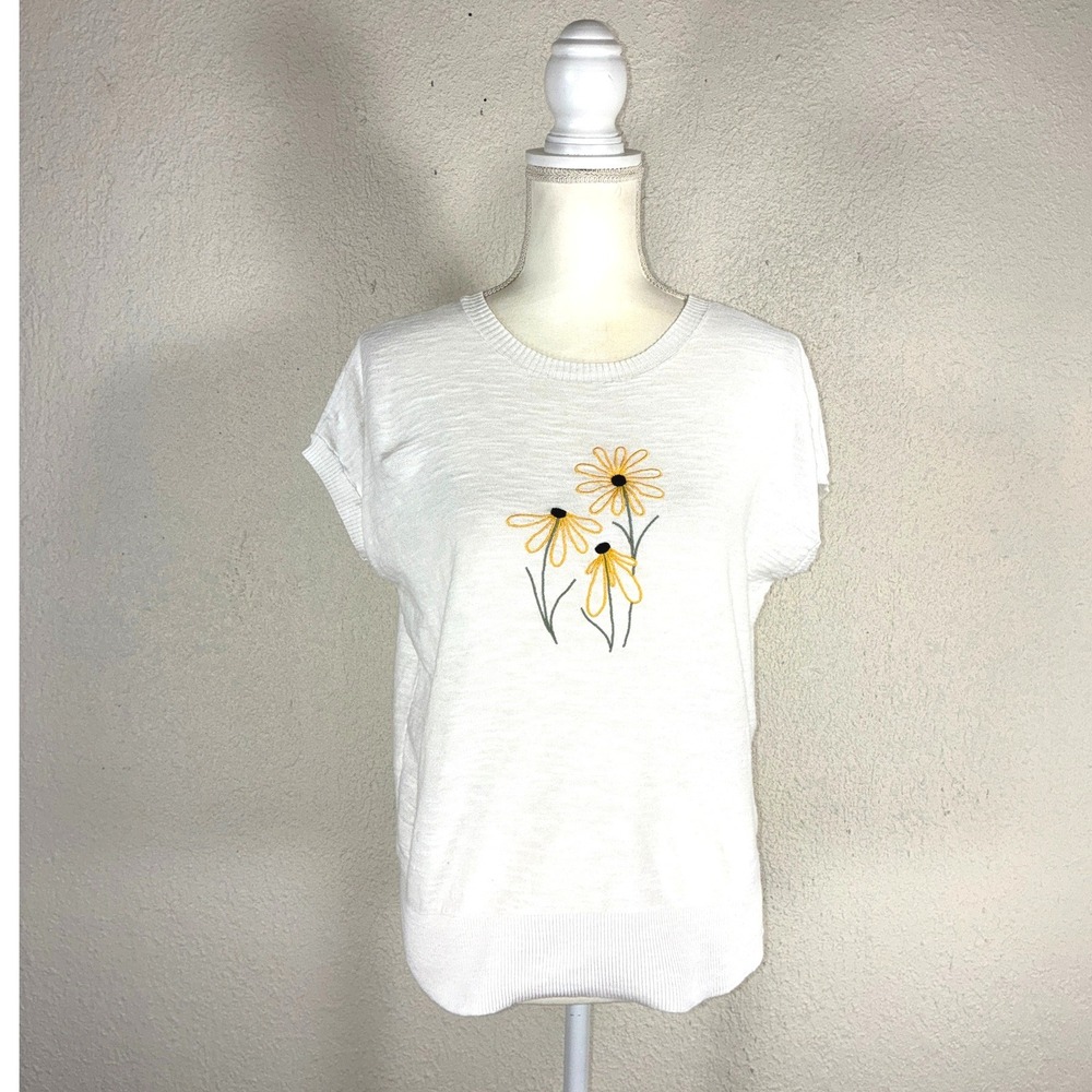 LOFT Outlet Petite White Cotton Knit Short Sleeve Floral Embroidered Sweater MP